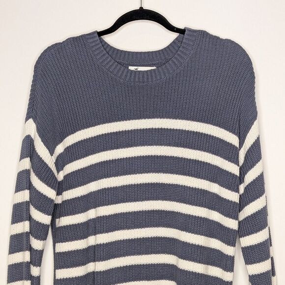 Hollister Striped Knit Pullover Gray White Cotton Crewneck - Picture 2 of 7